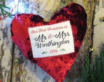 Personalised First Married Christmas Ornament / Decoration. Newlywed Gift - Choice of Fabrics - Supplied Gift Boxed - Heart Shaped - Scented
