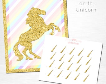 Pin the Horn on the Unicorn Birthday Party Printable Game YOU Print Pastel Pink Gold
