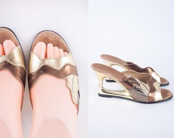 Metallic Leather Sandals, Cut Out Heel 70s Shoes, Open Wedge Heel, Platform Shoes, Peep Toe 80s Shoes, Gold Shoes, Open Toe Leather Slides