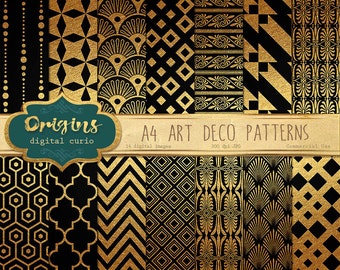 70% OFF Art Deco Digital Paper Black and Gold Patterns - A4 Backgrounds for Invitations, Weddings, Scrapbooking instant download
