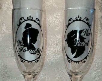 Beauty and The Beast Disney Glasses Champagne Flutes Wedding Anniversary Gift Custom Personalized NO RIBBON (152501256643)