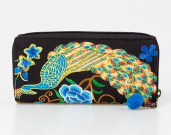 Peacock Hmong Wallet, Hmong Purse, Embroidered Wallet, Ethnic Wallet, Boho Wallet, Hippie Wallet Thailand Fair Trade (WA301PP1BLU)