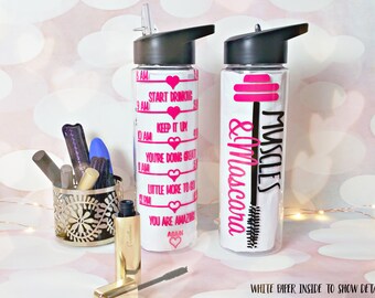 Muscles and Mascara track Water Bottle with straw - h20 goal timeline BPA free workout water intake tracker bottle 24 Oz with straw