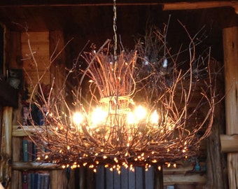Cold Mountain - Rustic Chandelier Lighting - 6 Light - Twig Chandelier - Rustic Light Fixture - 300 Fairy Lights - Rustic Cabin decor 42x28