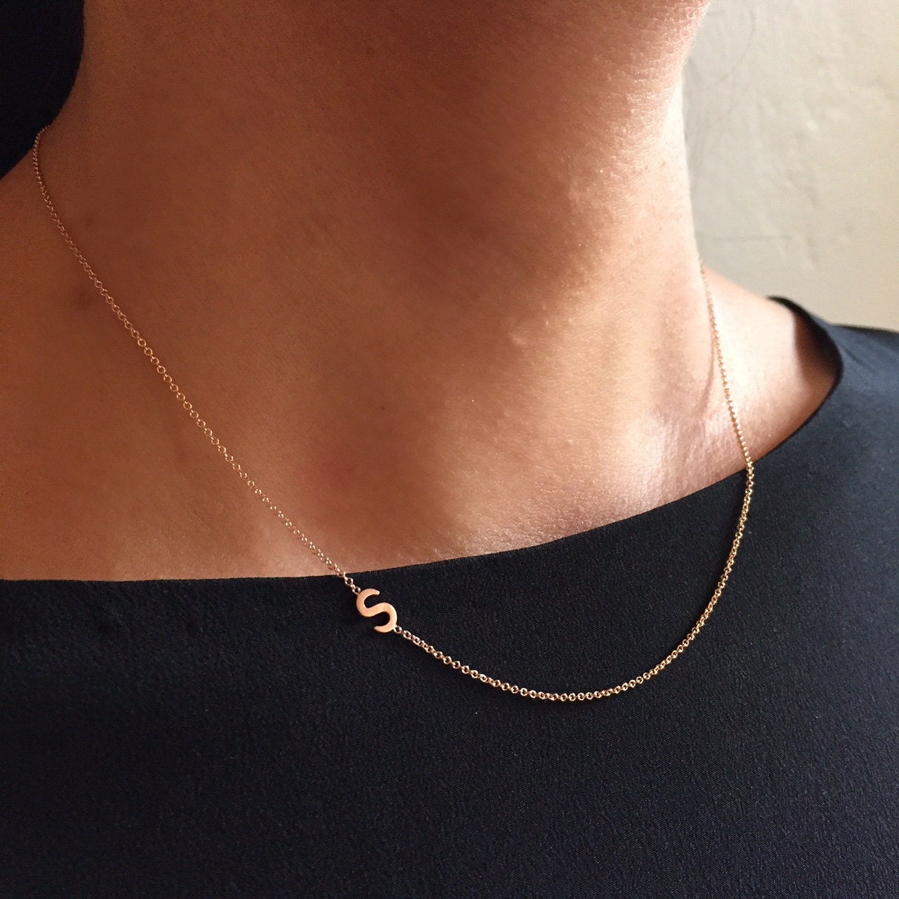 14k gold sideways side initial necklace gold by LettersbyZoe