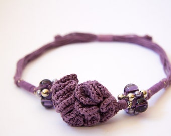 Purple Bouquet necklace-Valentine-crocheted cotton with resin, silk, silver and glass