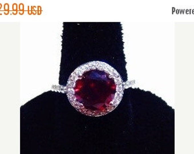 Storewide 25% Off SALE Vintage Sterling Silver Ruby Red Ladies Designer Cocktail Ring Featuring Elegant Clear Stone Accented Design