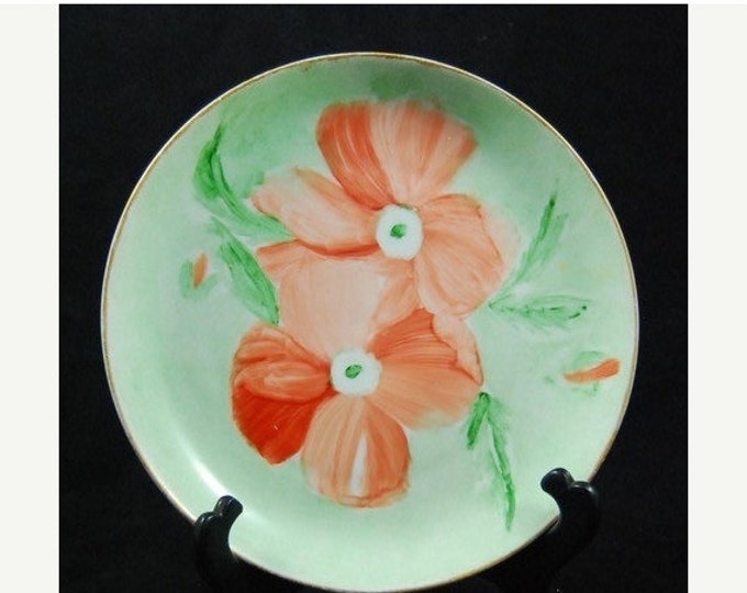 Storewide 25% Off SALE Vintage Original Hand Painted Bavaria Fine China Decorative Luncheon Plate Featuring Orange Poppy Flowers With Green
