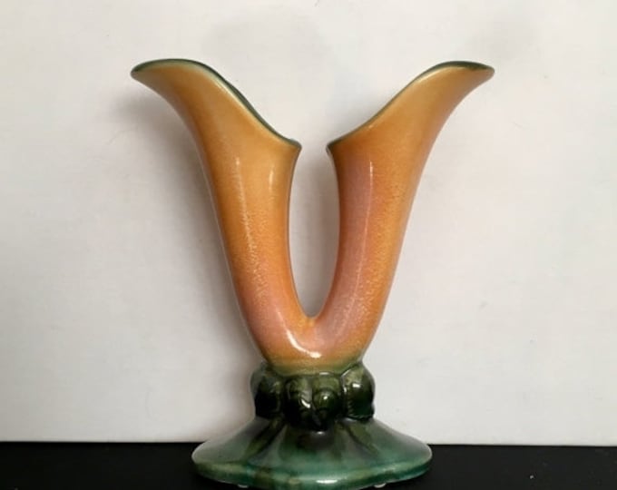 Storewide 25% Off SALE Antique Double Stem Mottled Orange Hull Pottery USA Designer Vase Featuring Green Glaze Base & Original Makers Mark