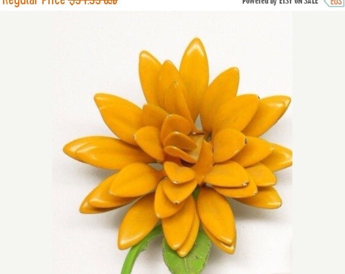 Storewide 25% Off SALE Vintage Hand Painted Enamel & Metal Yellow Zenia Floral Cocktail Brooch Featuring Long Green Stem Design With Delicat