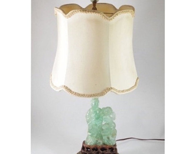 Storewide 25% Off SALE Antique Natural Hand Carved Green Jade Figural Sculpture Table Lamp & Elegant Upholstered Lampshade Featuring Matchin