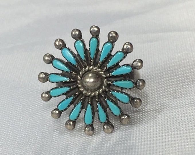 Storewide 25% Off SALE Vintage Sterling Silver Needle Point Tribal Style Turquoise Ring Featuring Elegant Floral Inspired Designs