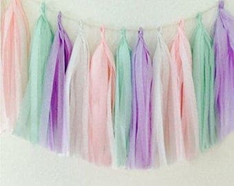 Tissue Paper Tassel Garland - Pink/Mint/Lavender/White - Pastel colors Birthday decorations - Baby shower - Party Centerpieces