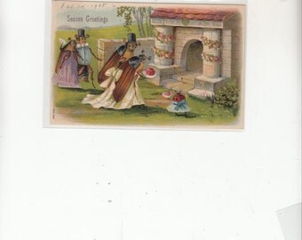 Fantasy Get Me To The Church On Time Antique Postcard Beetles At Church Wearing Wedding AttireBride-Groom-Bridesmaid-Best Man- Very Unique