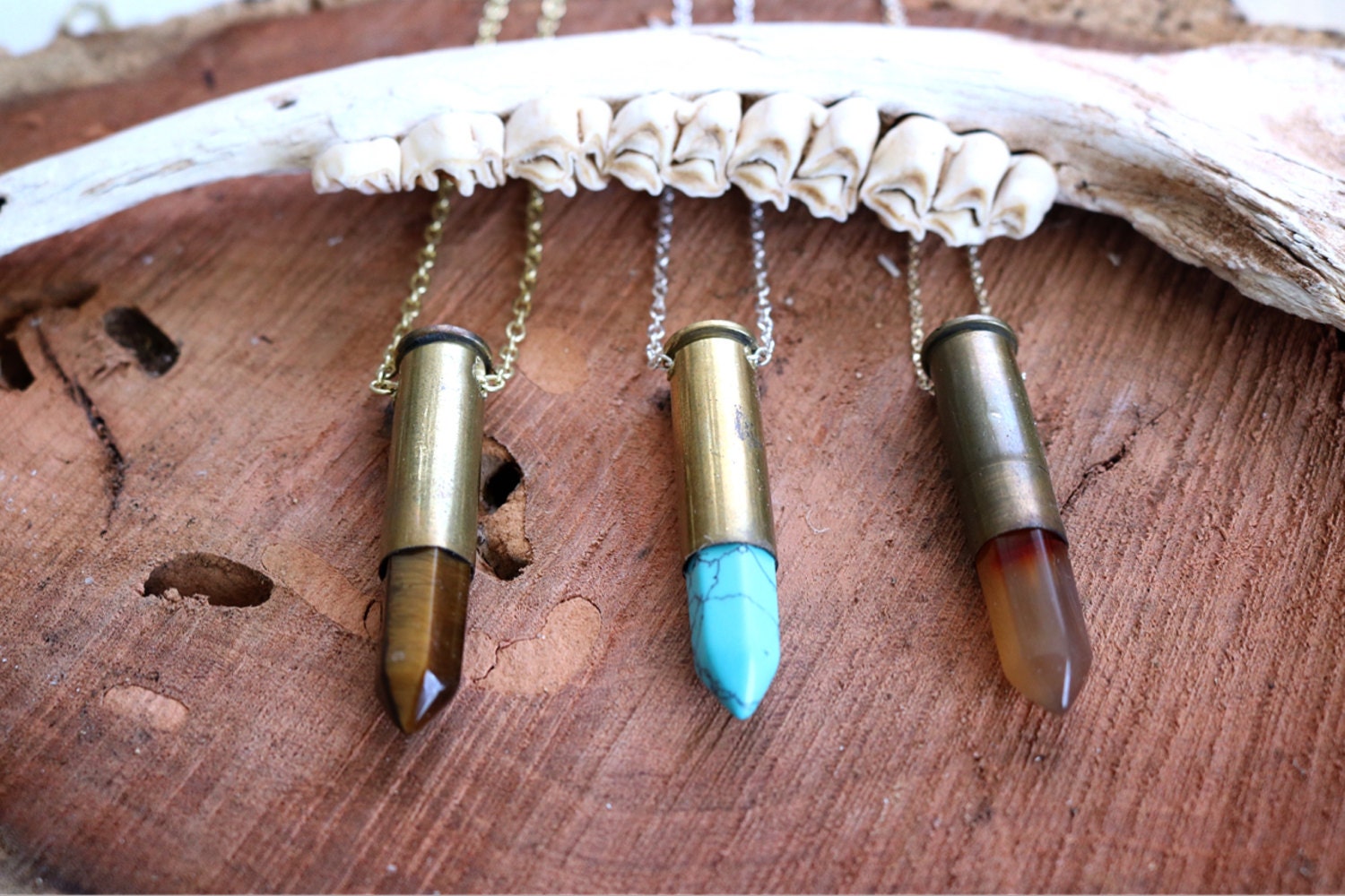 Long Bullet Casing Necklace W/ Pendulum Gemstone / Bullet