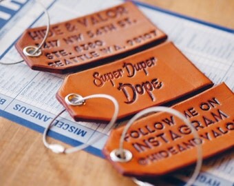 Custom Leather Luggage Tags w Silver Metal Cable & Grommet - Saddle Tan Color - Unique Font - Burnished Edges - Great As Unique Gifts/Favors