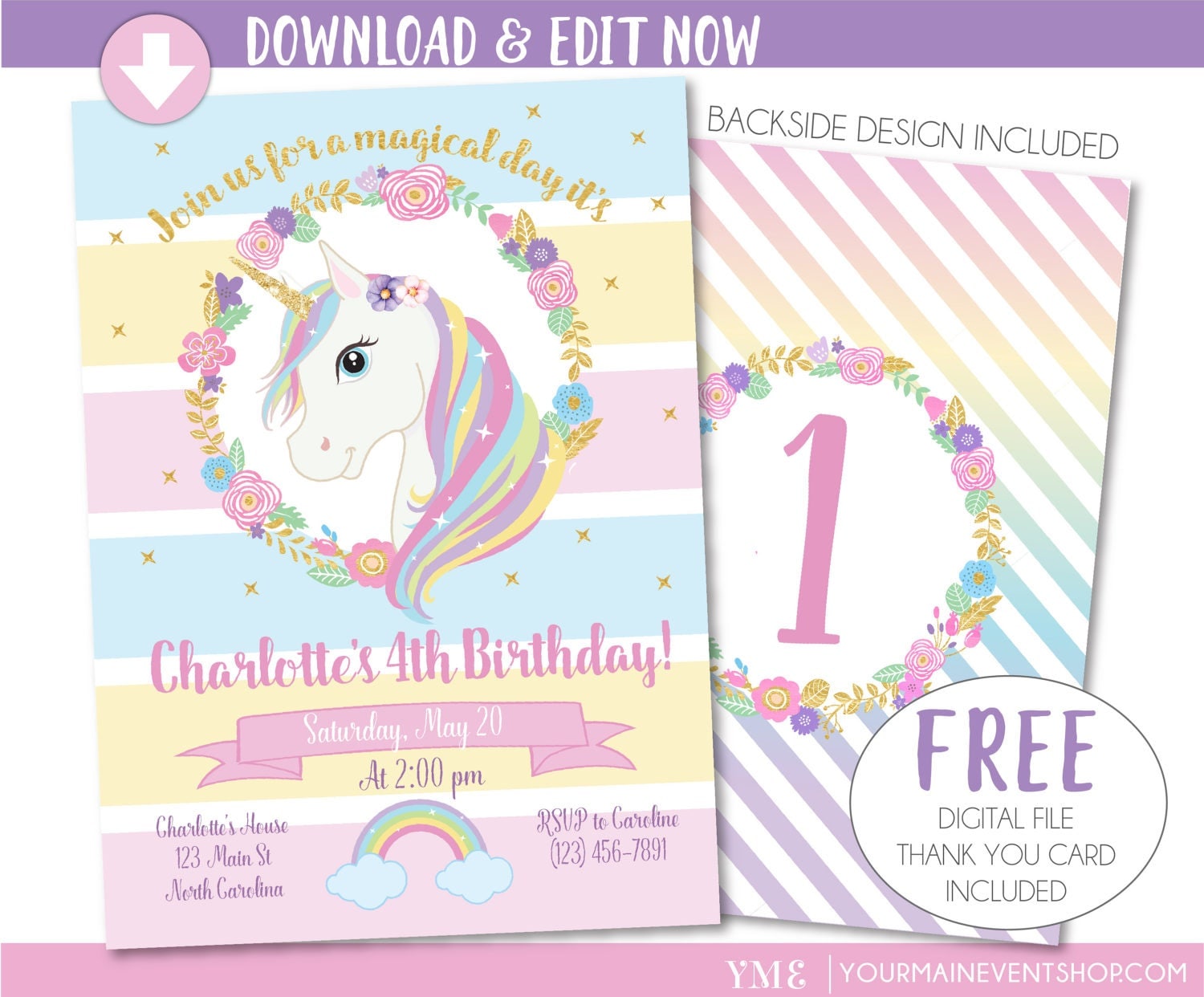 Unicorn Invitation Unicorn Party Invite Magical Rainbow