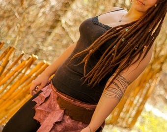 pixie fairy brown earthy rose hand dyed outseams and swirley stitchery pointy pointed hippie gypsy tattered wrap mini skirt