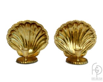 Hollywood Regency Brass Scallop Shell Wall Sconce/Tabletop Candleholder a Pair.