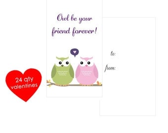 24 Owl Valentines Cards- Kids Mini Valentines Day Cards- Classroom Valentines- Friend Valentines Cards- Owl Be Your Friend Forever- School
