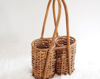 Vintage Wicker Wine Carrier, Summer Picnic Basket, Mid Century Modern Basket Wine Rack, 1960s Rare Romantic Summer Picnic Basket