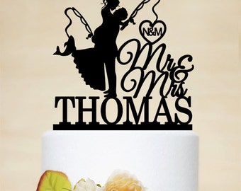 Fishing Cake Topper,Mr & Mrs Cake Topper With Last Name,Wedding Cake Topper,Custom Cake Topper,Hooked on Love,Initials Cake Topper- C169