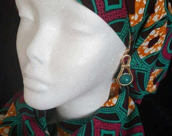 Fuschia Orange and Teal African Print Headwrap Ankara/ Wax/ Headcovering/ African/ Nigerian/Supreme Wax with gold tone/teal earrings