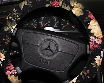 Black Floral Steering Wheel Cover. Classic Floral Wheel Cover . Women's Wheel Cover .Seat belts cover to match .