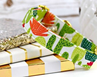 Dog Collar - Cactus Fabric - Green/Orange Print - Yellow Gold Hardware