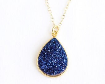 Large Druzy Teardrop Gold Fill Necklace-Natural Druzy Pear Vermeil Bezel-Blue,White,Copper Rose Gold,Charcoal Gray,Silver,Purple,Teal Green