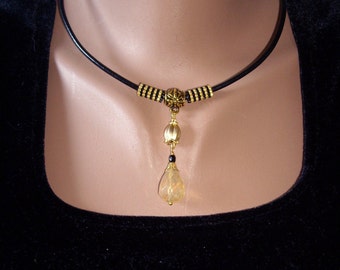 Women gift ideas Gift for wife Aunt gift Black leather choker Black and gold Citrine necklace Black necklace Gold tulip Jewelry gift For mom