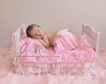 Mini Crystal and Rhinestone Baby crown, , Newborn hair accessory/ crochet pearls pink/ivory tutu bloomer & silver crown..Royal Princess