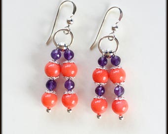 Sterling Silver Coral Amethyst Earrings, Amethyst Earrings, Coral Earrings, Sterling Silver Earrings, Gemstone Earrings, Beaded Earrings