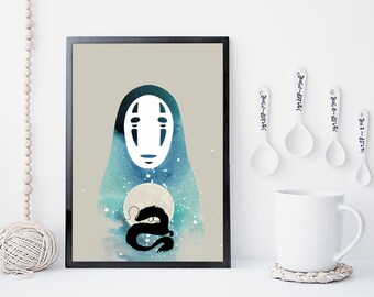 Spirited away no face art print, studio ghibli wall art, miyazaki print, home wall decor, wall art, noface, studio ghibli, apartment decor,