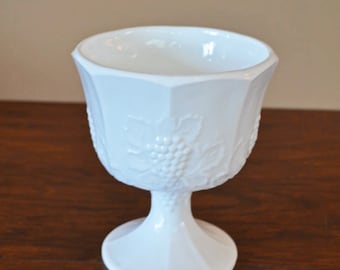 Vintage Milk Glass Pedestal Compote Bowl Grapes And Grape Leaves Design