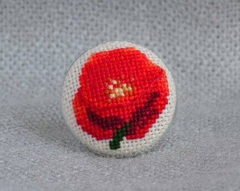 Gift for her Red poppy ring Cross stitch jewelry Embroidered ring Red jewelry Hand embroidered gift Floral ring Poppy jewelry Women gift