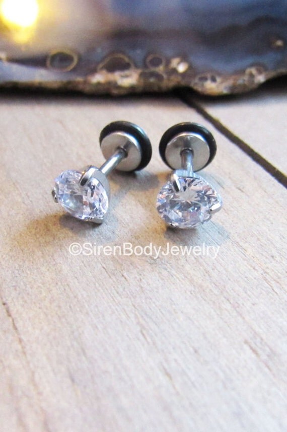 Fake plug earrings 16g faux gauges gemmed prong set flat back
