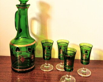 Vintage 70s Italian Emerald Green Glass Decanter and Cordial Set