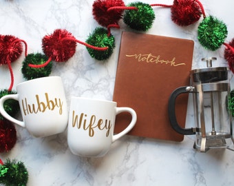 Hubby and Wifey Coffee Mugs, Option to Personalize, Engagement gift for couple