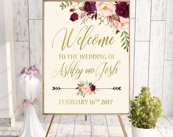 Boho Floral Welcome Wedding Sign Printable Wedding Welcome Sign Burgundy Gold Bridal Shower Welcome Signs Personalized Sign Digital or Print