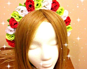 Mexican Headdress, Floral Headband, Flower Crown, Red White, Green Flag, Fiesta Clothing, Latina Headpiece, Day Of The Dead, Cinco De Mayo