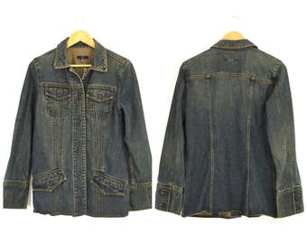 Vintage 90s GAP Denim Jacket Dark Stone Wash Jean Jacket | Button Down Hip Length Long Denim Ranch Jacket Safari Utility Jacket Womens S/M