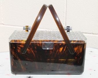 Vintage Merle Norman Handbag Cosmetic Case Tortoise Shell Double Handle Lucite Purse