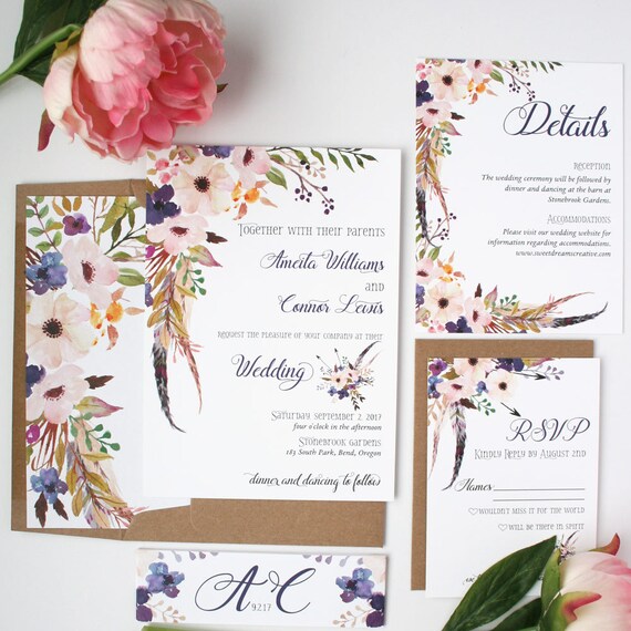 Boho Purple Wedding Invitations Purple & Blush Pink Floral