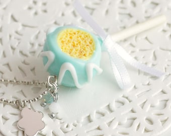 Cake Pop polymer clay necklace, silver ball chain, satin bow. Handmade polymer clay