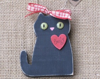 Wood Cat Ornament, Wooden Ornament, Holiday Ornament, Cat Christmas Ornament, Black Kitty Ornament, Wood Kitten Ornament, Personalized Cat