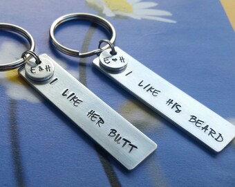Custom key ring keychain set Beard Gift Custom key chain I like his beard I like Her Butt Boyfriend Gift Boyfriend keychain couples keychain