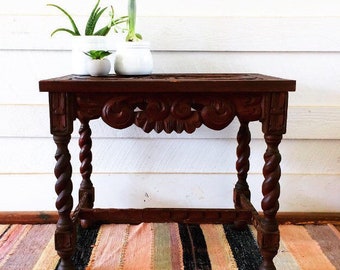 Hand Carved wooden side table Spanish colonial table mission style furniture Mexican table handcarved antique table matador table bohemian