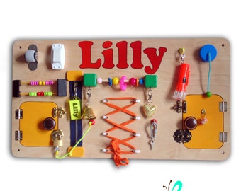 Personalized Busy Board for girls, baby gift, baby sensory board,montessori, kids activity board, toys for toddler, developing toy