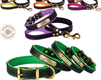 Dog Collar Leash Set Leather Custom Personalized Soft Padded Brass Hardware